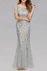 Vestido formal de fiesta con bordado de sirena plateada